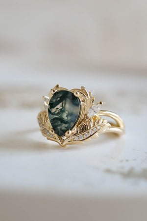 Pear shaped moss agate engagement ring set, nature themed gold rings / Adonis - Eden Garden Jewelry™