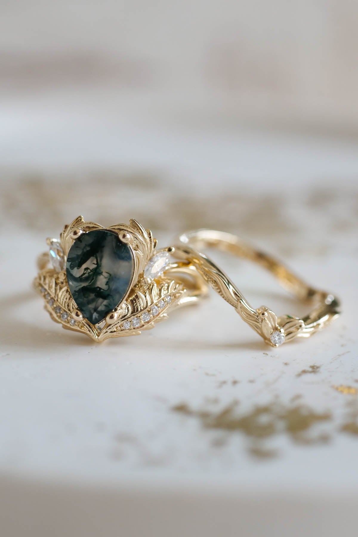 Pear shaped moss agate engagement ring set, nature themed gold rings / Adonis - Eden Garden Jewelry™