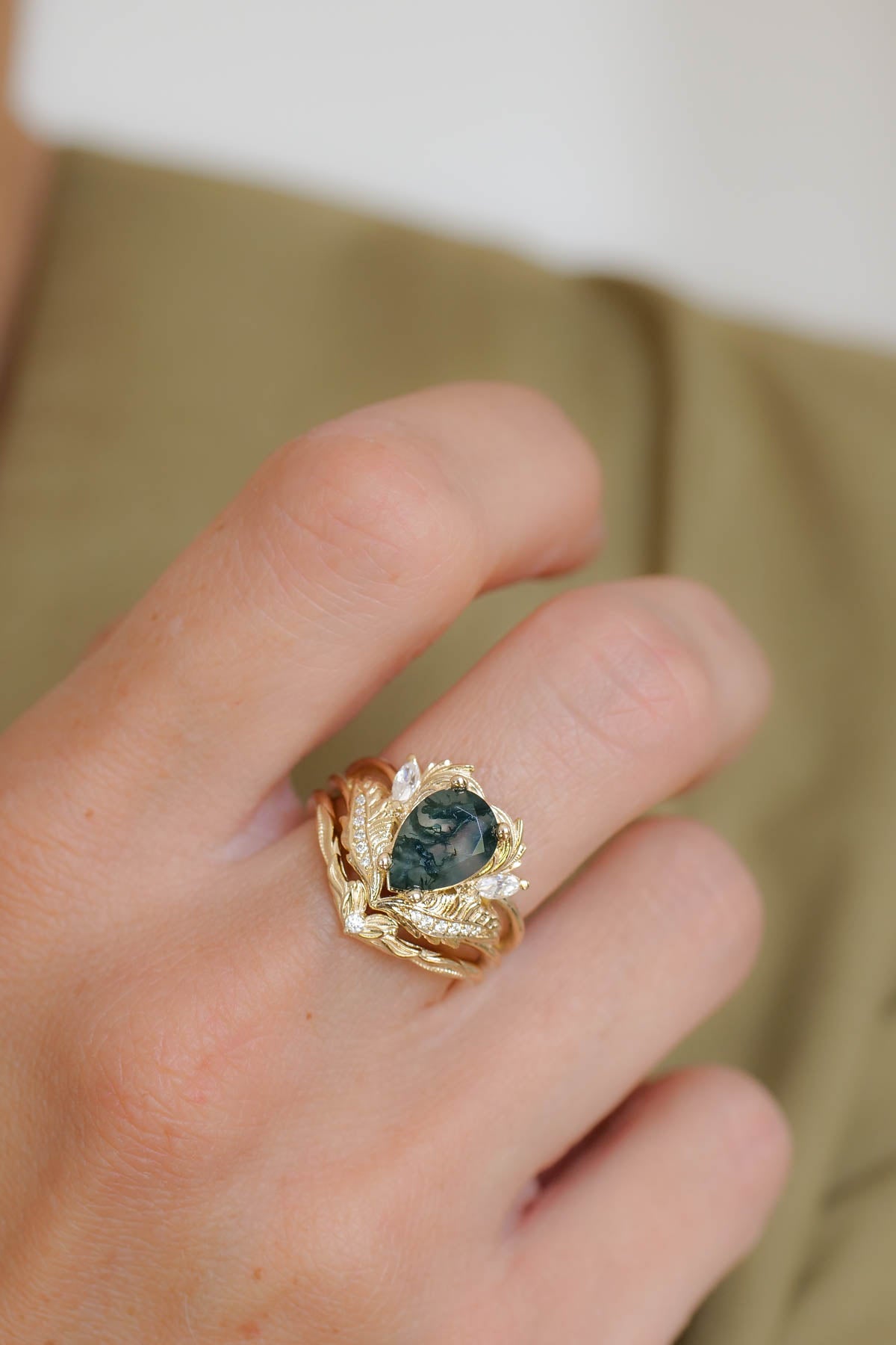 Pear shaped moss agate engagement ring set, nature themed gold rings / Adonis - Eden Garden Jewelry™