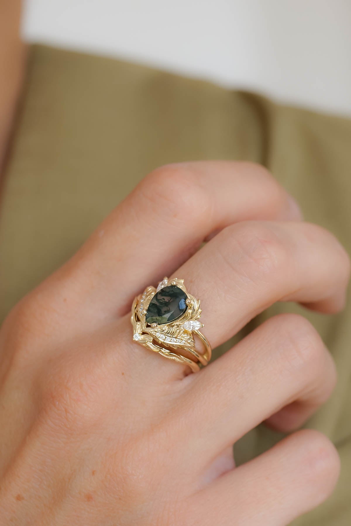 Pear shaped moss agate engagement ring set, nature themed gold rings / Adonis - Eden Garden Jewelry™