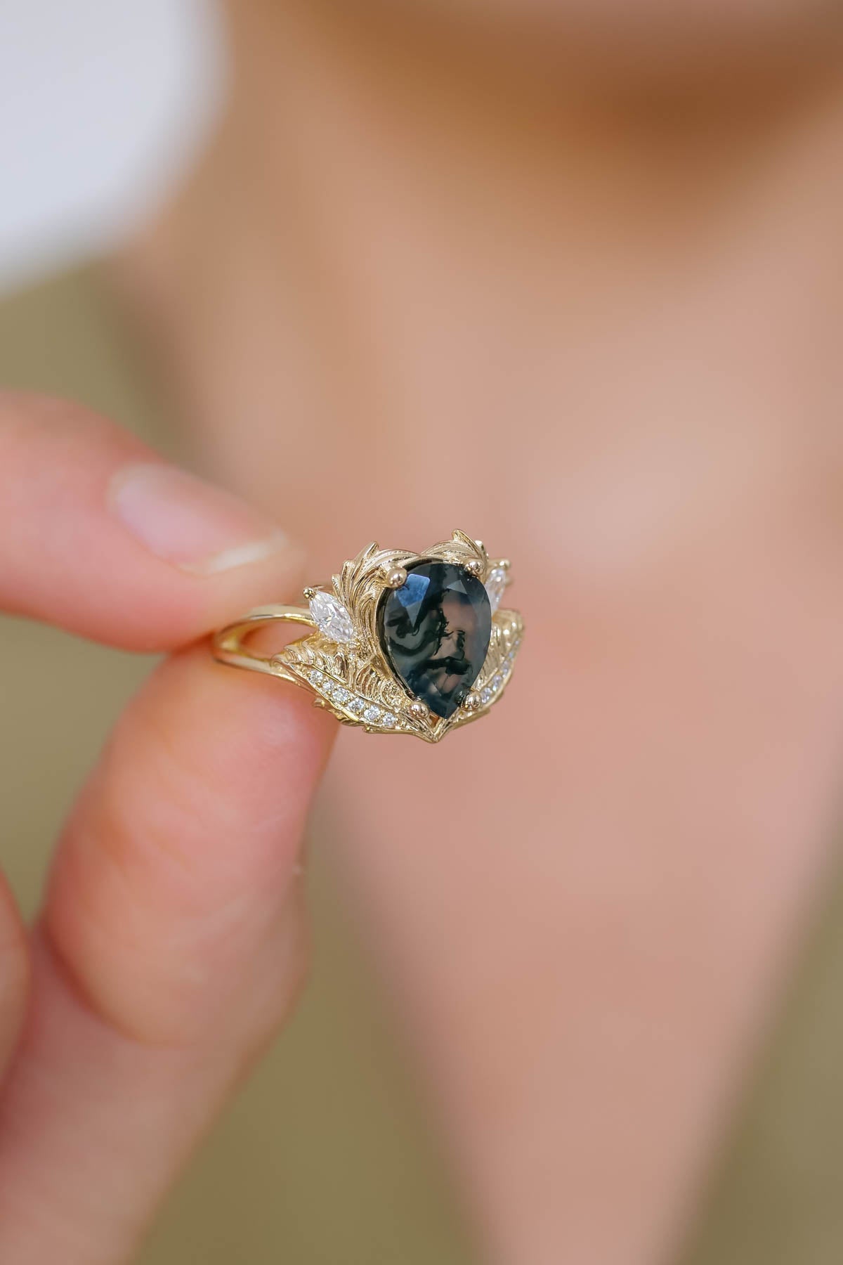 One of a kind moss agate engagement ring, unique gold proposal ring with diamonds / Adonis - Eden Garden Jewelry™