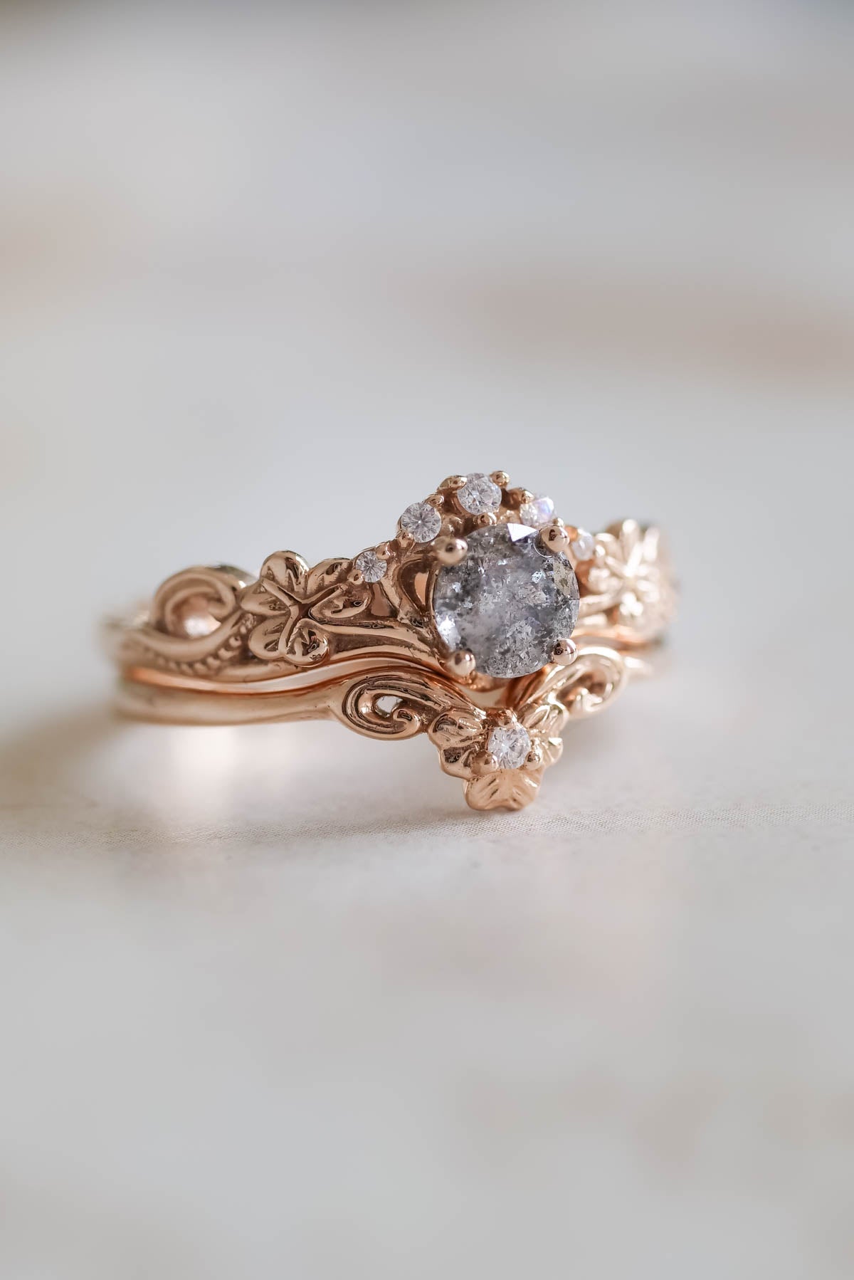 Elvish engagement ring with salt and pepper diamond / Horta - Eden Garden Jewelry™