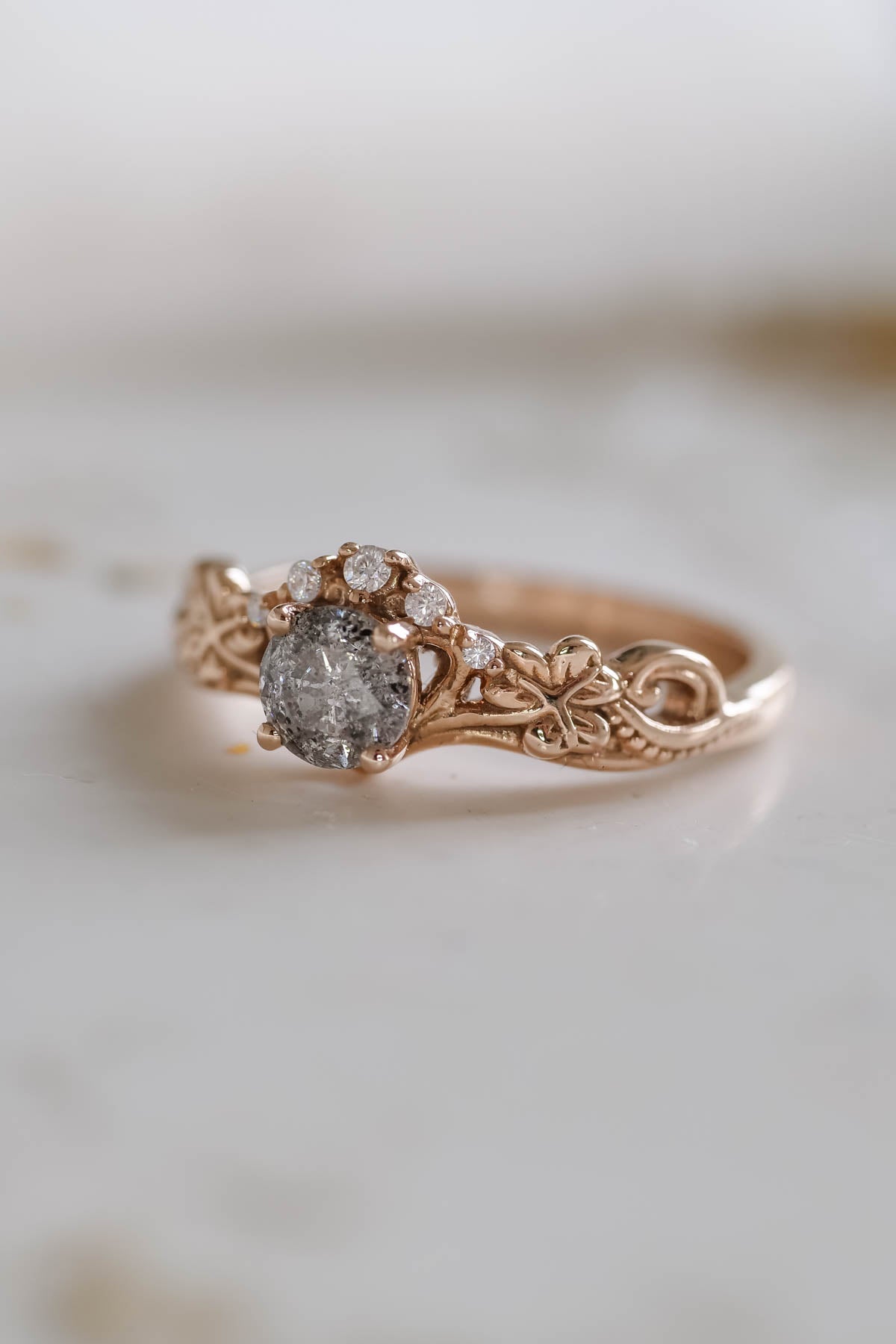 Elvish engagement ring with salt and pepper diamond / Horta - Eden Garden Jewelry™