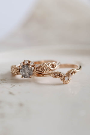 Salt and pepper diamond bridal ring set, gold leaf rings / Horta - Eden Garden Jewelry™