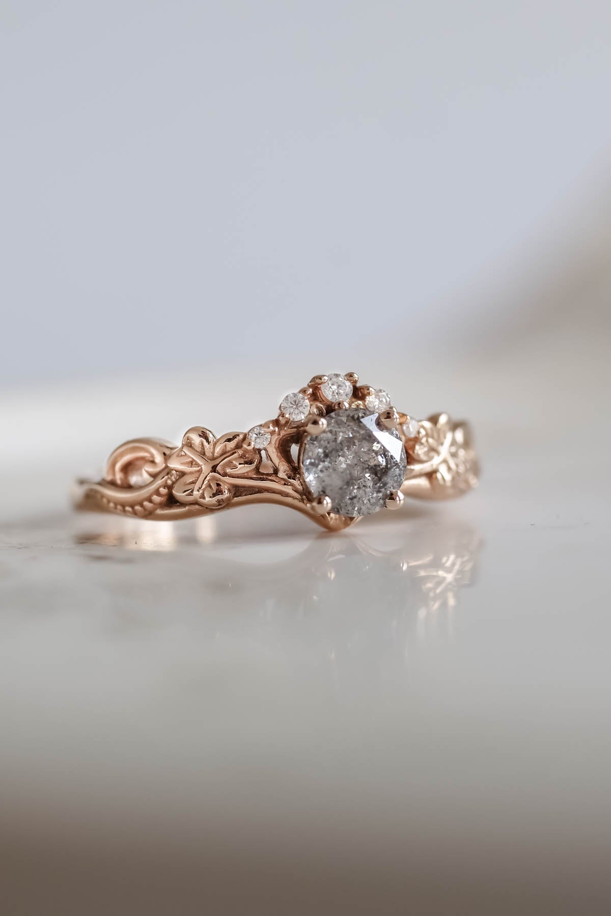 Elvish engagement ring with salt and pepper diamond / Horta - Eden Garden Jewelry™