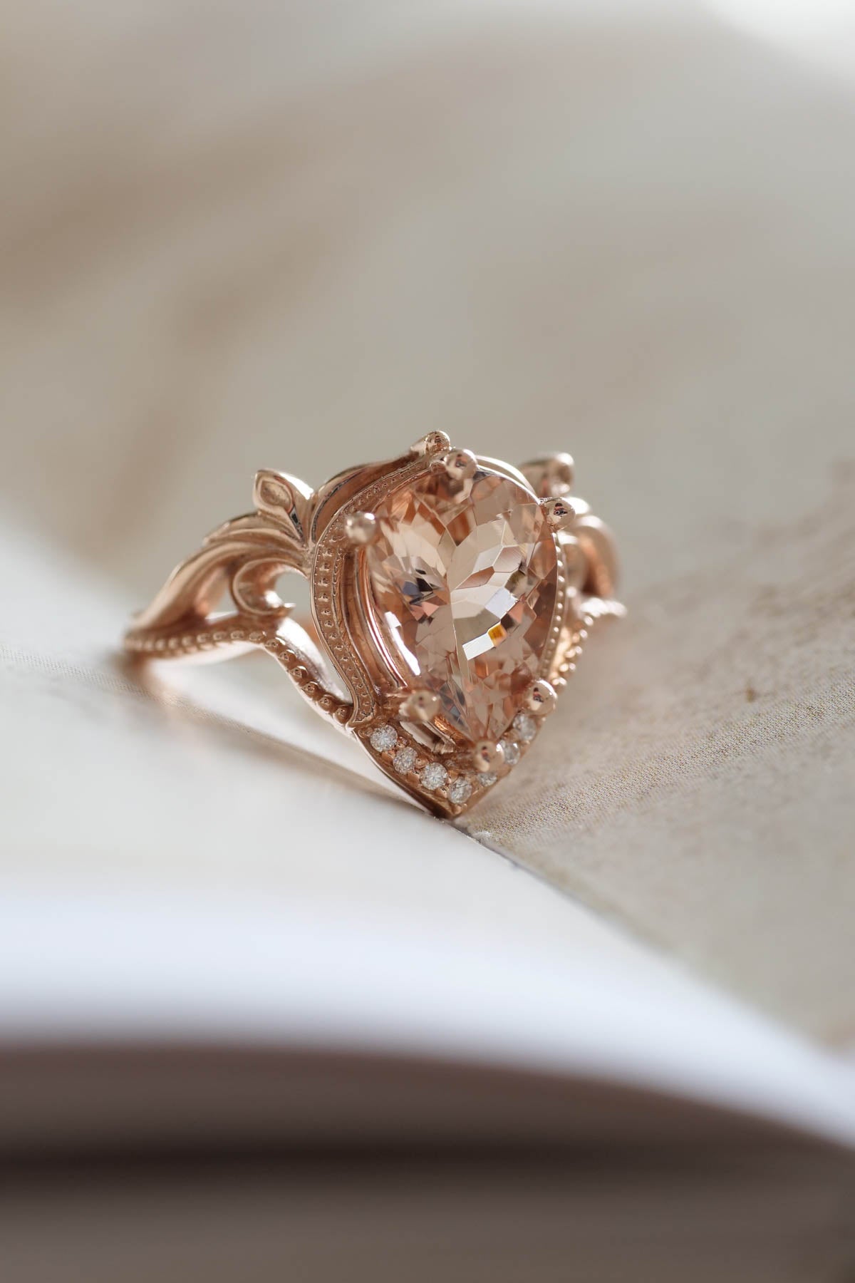 Morganite engagement ring in rose gold, statement ring with peach morganite / Lida - Eden Garden Jewelry™