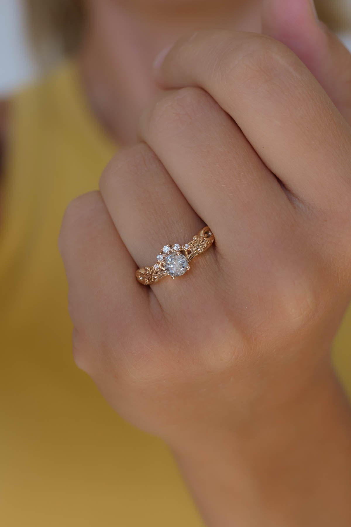 Elvish engagement ring with salt and pepper diamond / Horta - Eden Garden Jewelry™