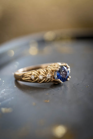 Blue sapphire engagement ring, gold leaf ring with diamonds / Silvestra - Eden Garden Jewelry™