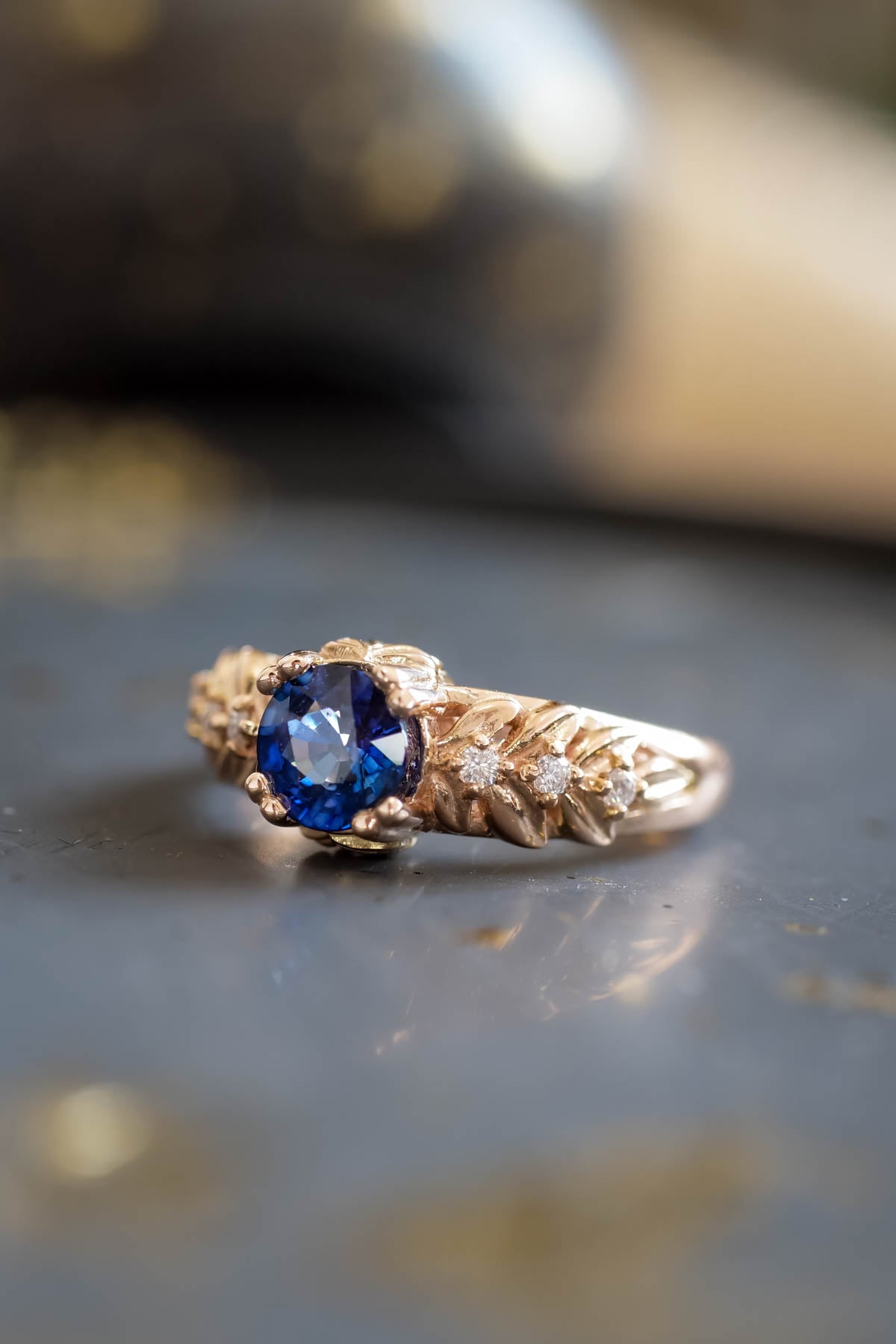 Blue sapphire engagement ring, gold leaf ring with diamonds / Silvestra - Eden Garden Jewelry™