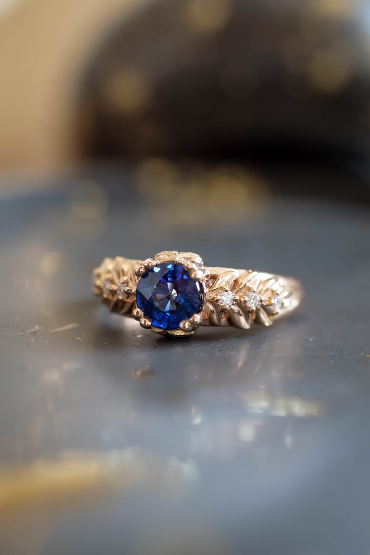 Blue sapphire engagement ring, gold leaf ring with diamonds / Silvestra - Eden Garden Jewelry™