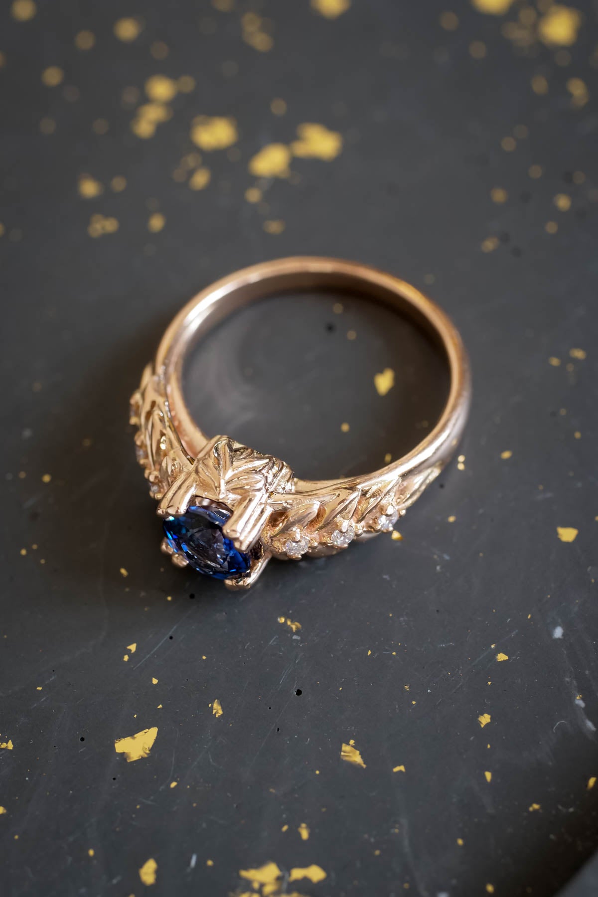 Blue sapphire engagement ring, gold leaf ring with diamonds / Silvestra - Eden Garden Jewelry™