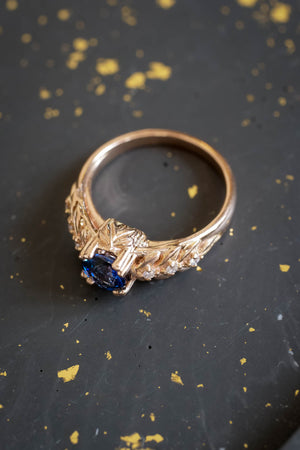 Blue sapphire engagement ring, gold leaf ring with diamonds / Silvestra - Eden Garden Jewelry™