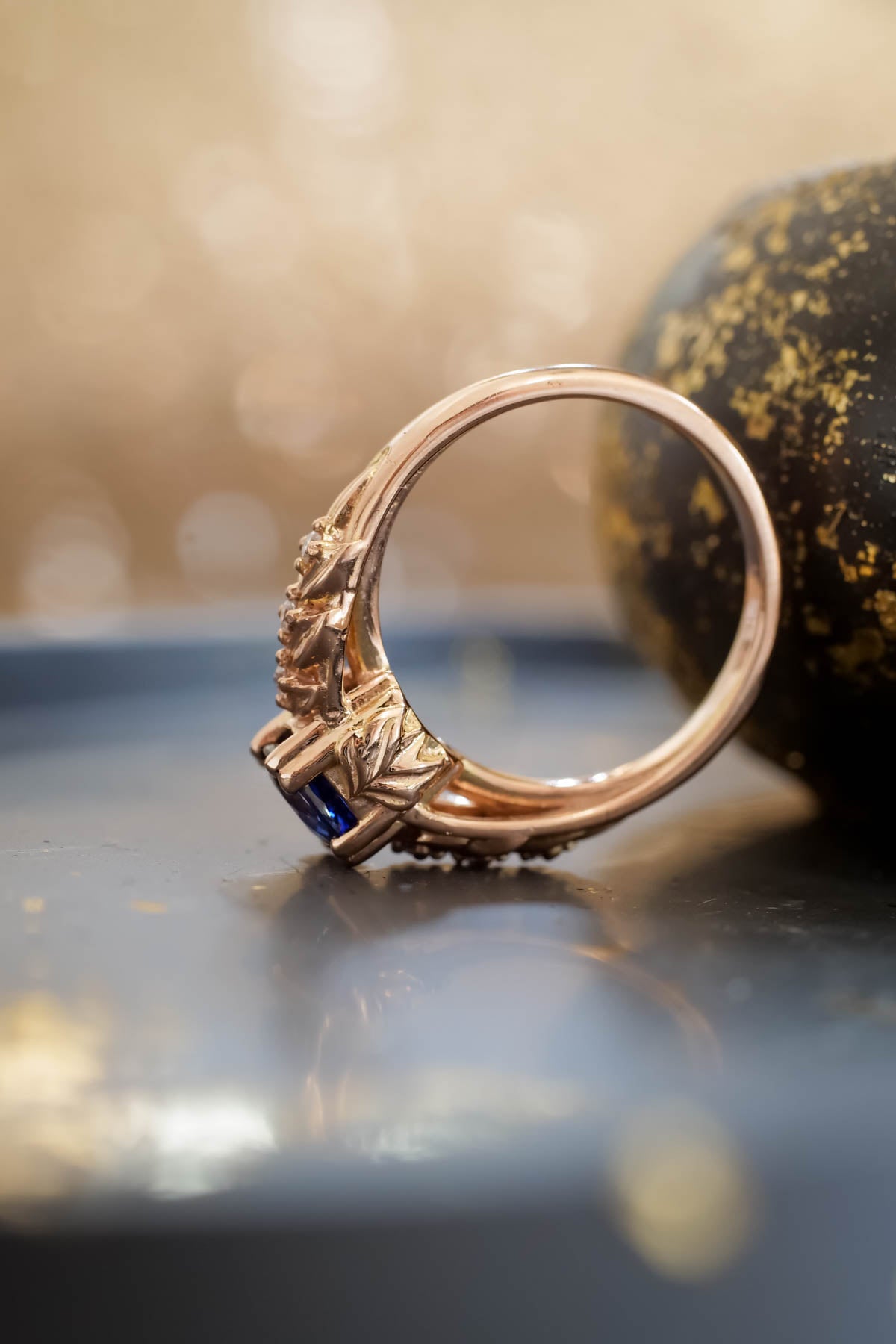 Blue sapphire engagement ring, gold leaf ring with diamonds / Silvestra - Eden Garden Jewelry™