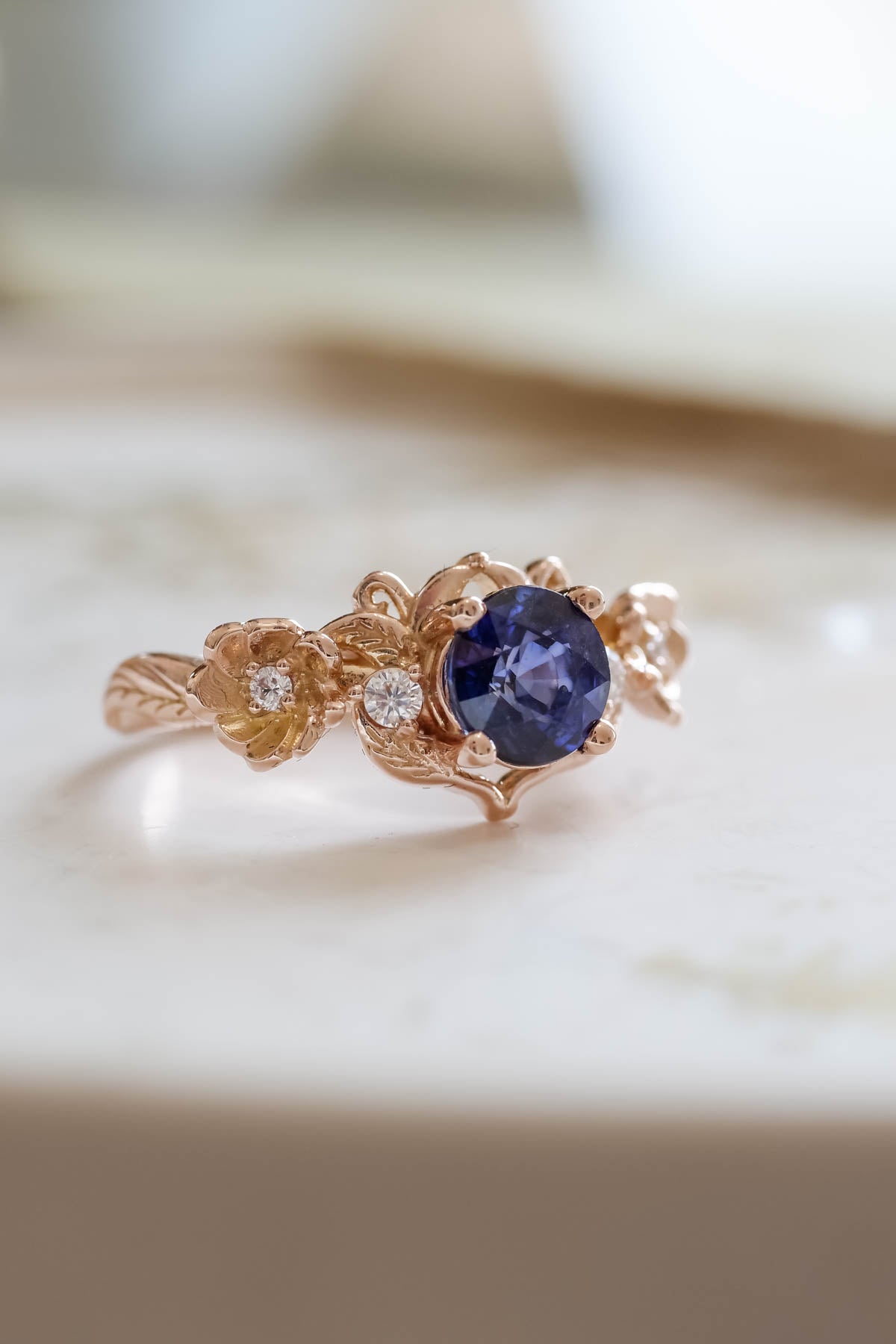 Royal blue sapphire engagement ring, floral ring with diamonds / Adelina - Eden Garden Jewelry™