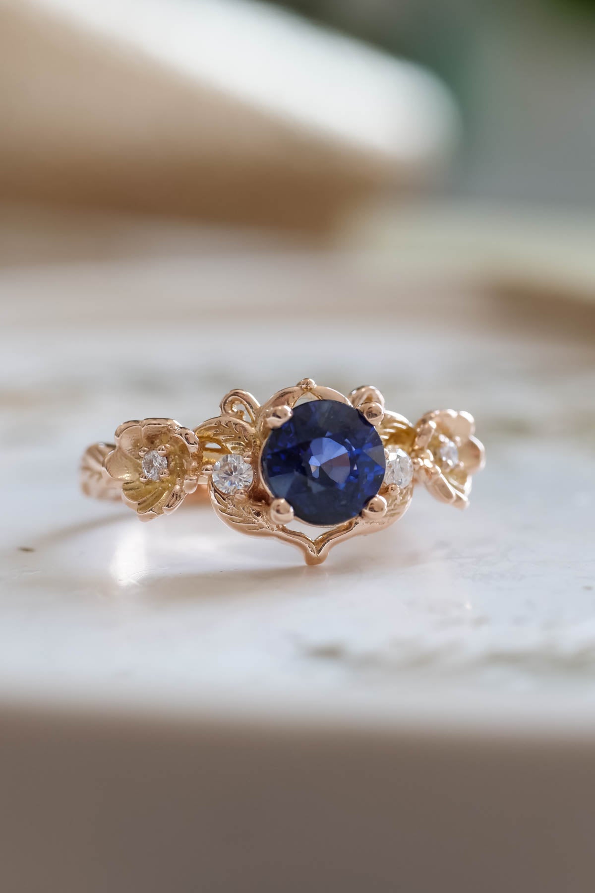 Royal blue sapphire engagement ring, floral ring with diamonds / Adelina - Eden Garden Jewelry™