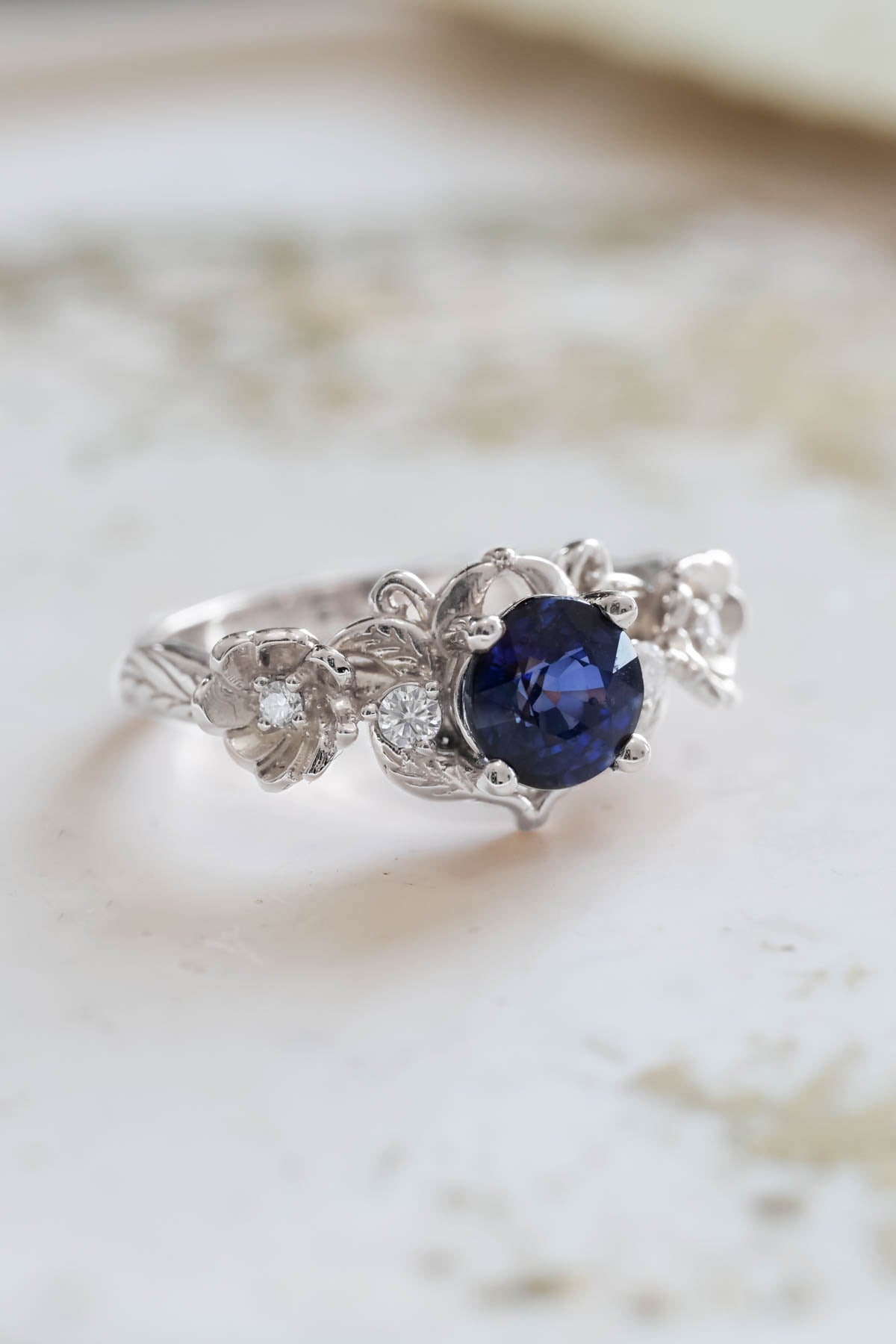 Royal blue sapphire engagement ring, floral ring with diamonds / Adelina - Eden Garden Jewelry™