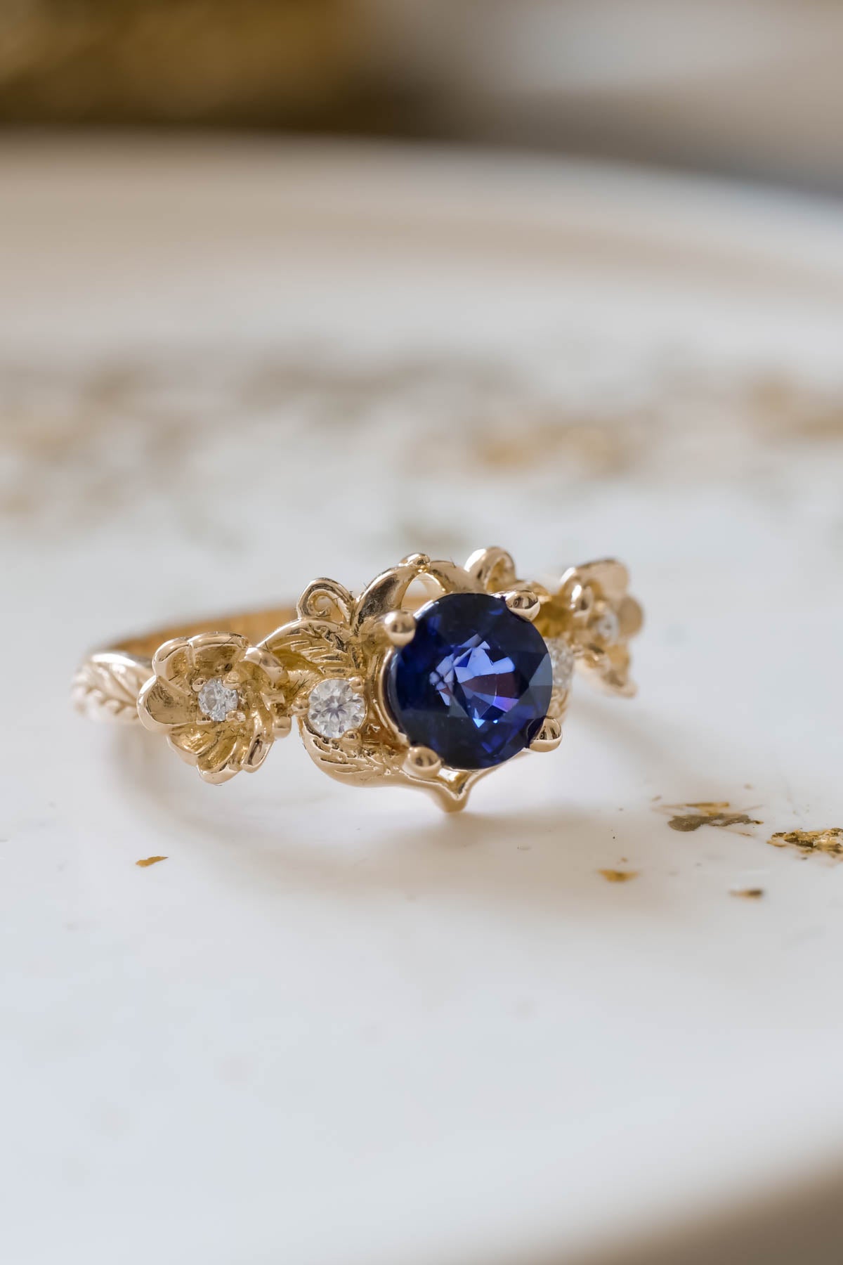 Royal blue sapphire engagement ring, floral ring with diamonds / Adelina - Eden Garden Jewelry™