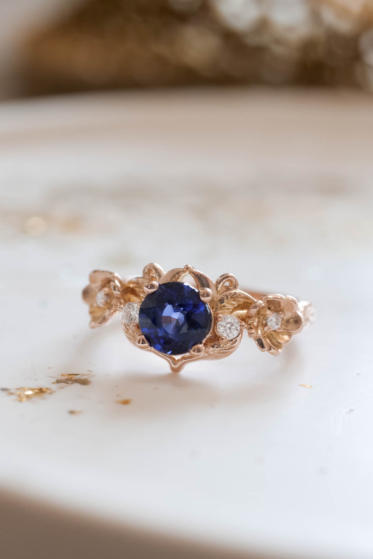 Royal blue sapphire engagement ring, floral ring with diamonds / Adelina - Eden Garden Jewelry™