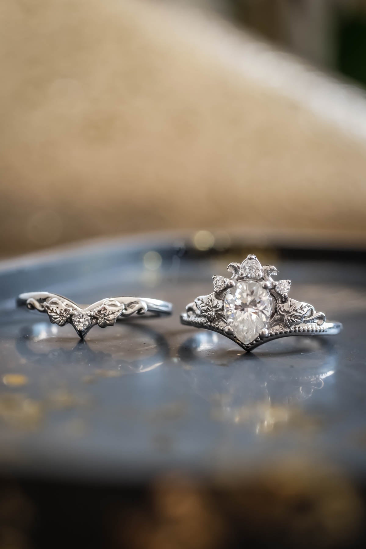 Moissanite engagement ring set, crown shape rings with diamonds / Ariadne - Eden Garden Jewelry™