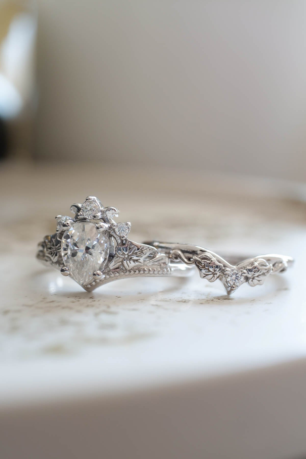 Moissanite engagement ring set, crown shape rings with diamonds / Ariadne - Eden Garden Jewelry™