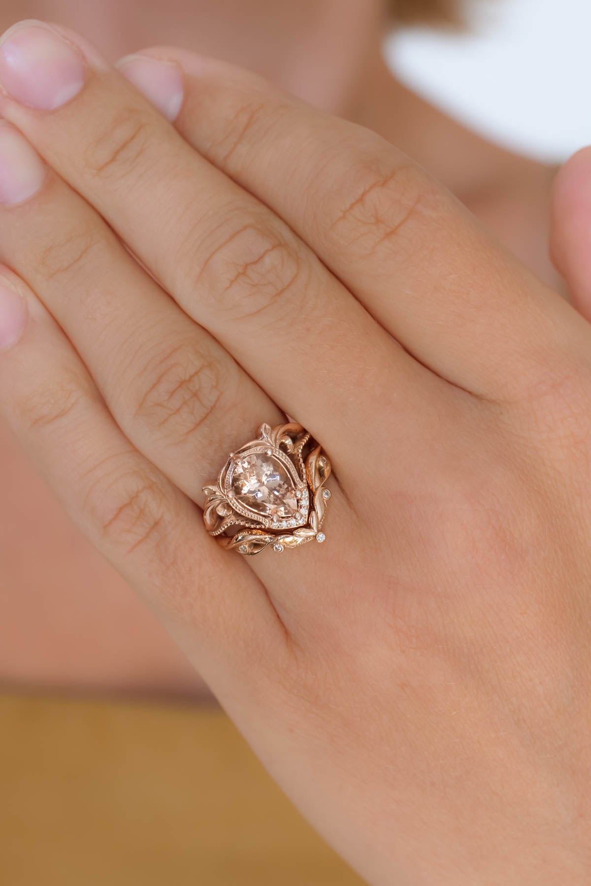 Morganite engagement ring in rose gold, statement ring with peach morganite / Lida - Eden Garden Jewelry™