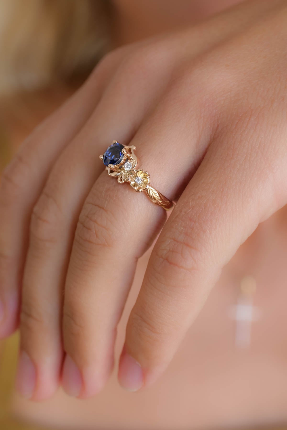 Royal blue sapphire engagement ring, floral ring with diamonds / Adelina - Eden Garden Jewelry™