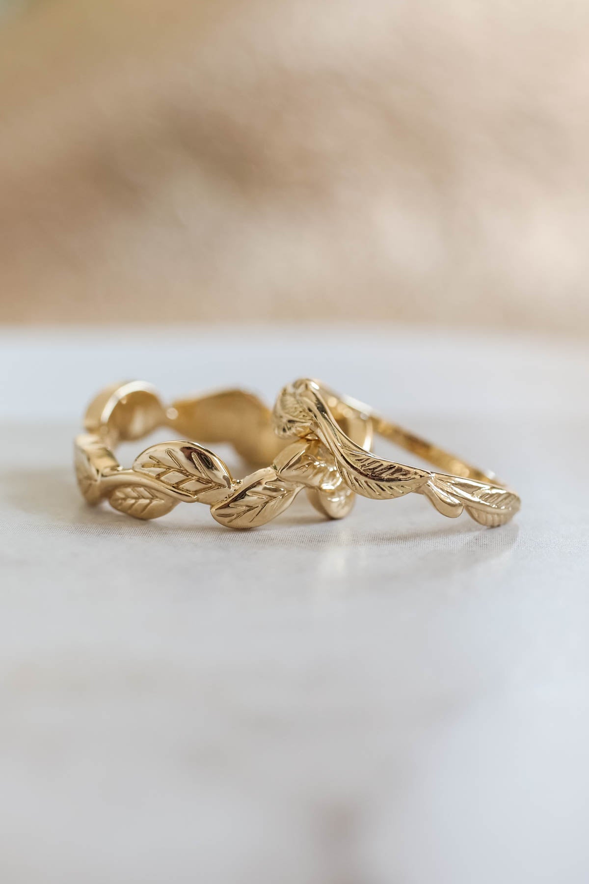 Wedding rings set for couples: leaves band for him, branch band for her - Eden Garden Jewelry™