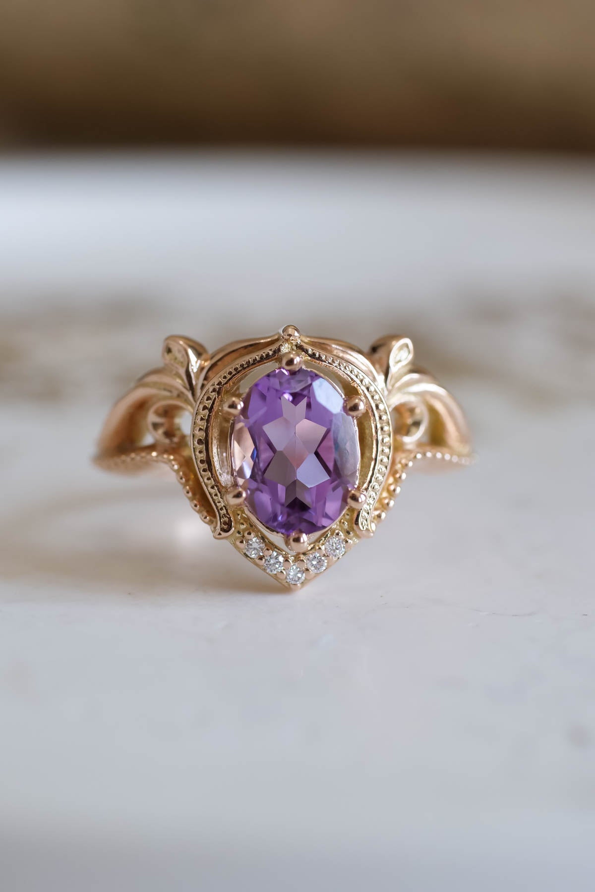 Diamond engagement ring with amethyst, unique promise ring / Lida - Eden Garden Jewelry™