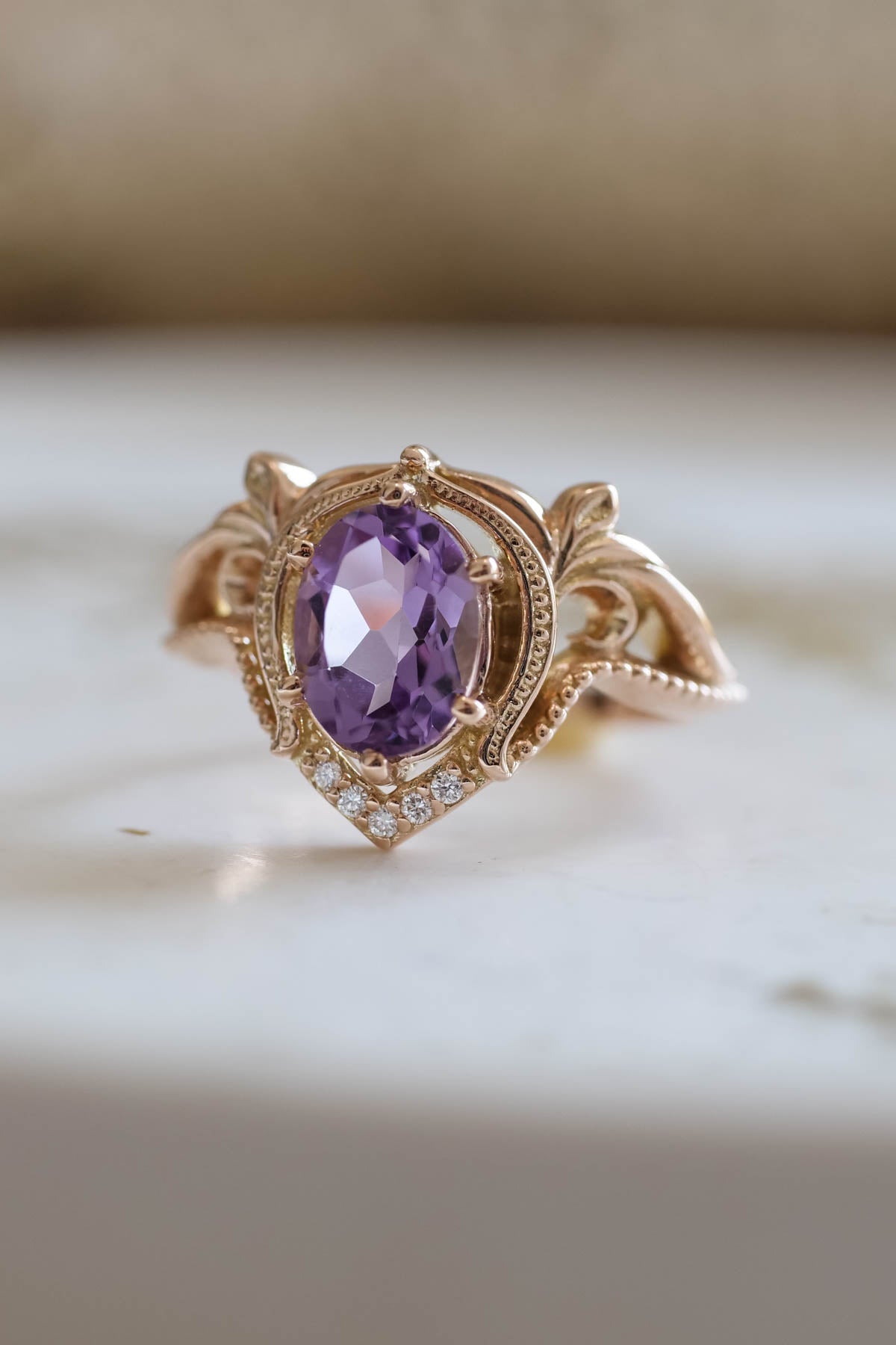 Diamond engagement ring with amethyst, unique promise ring / Lida - Eden Garden Jewelry™