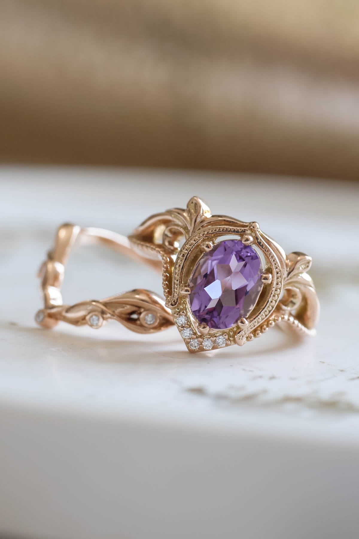 Diamond engagement ring with amethyst, unique promise ring / Lida - Eden Garden Jewelry™