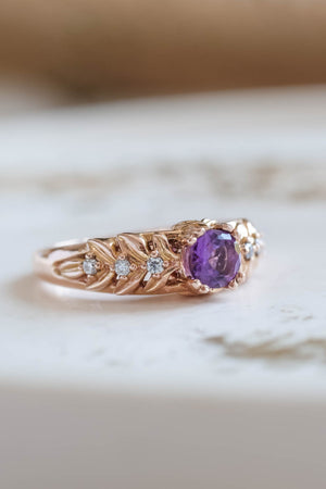 Amethyst leaf engagement ring with diamonds / Silvestra - Eden Garden Jewelry™