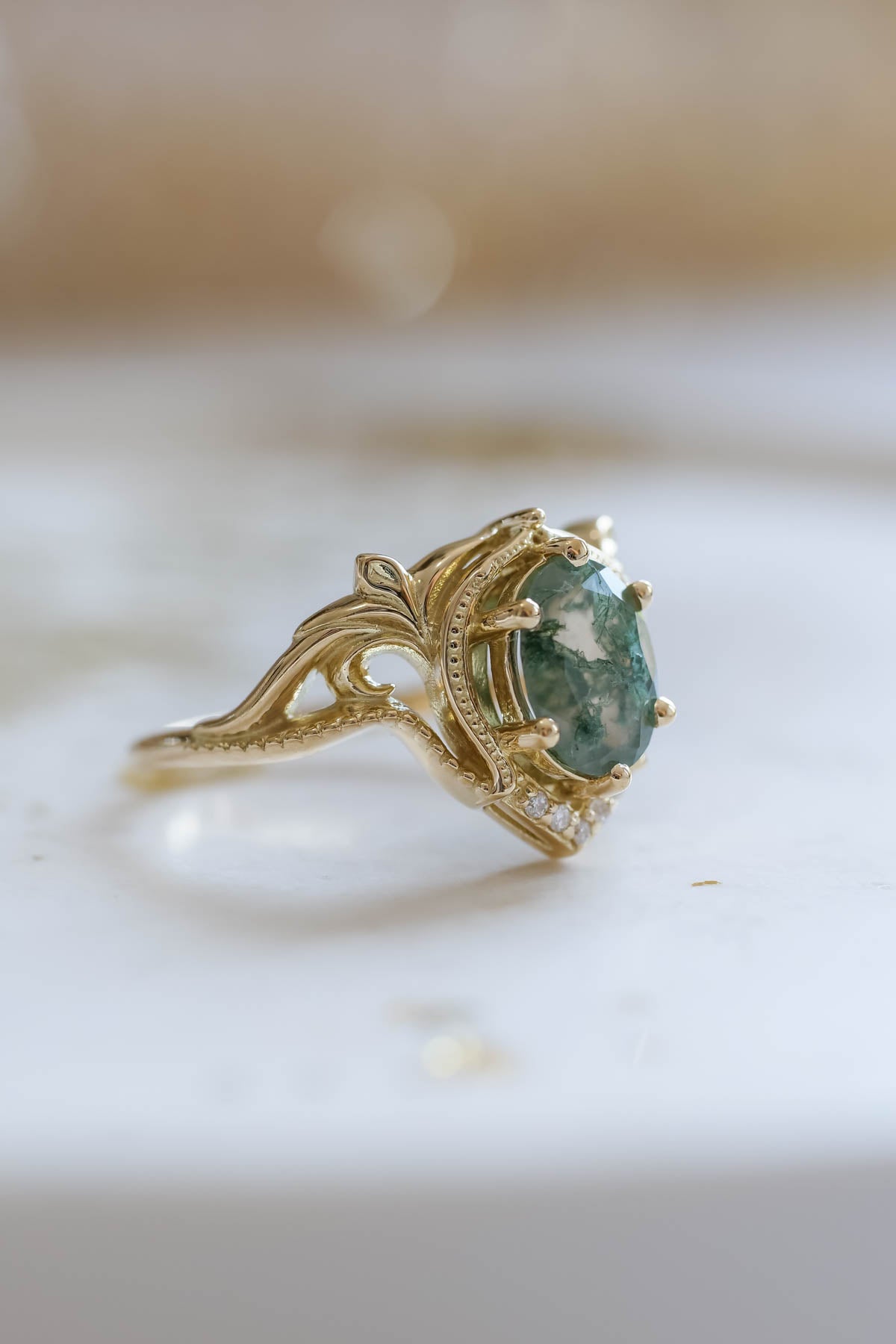 Moss agate ring, unique engagement rings / Lida - Eden Garden Jewelry™