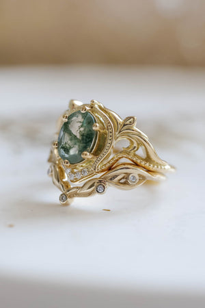 READY TO SHIP: Lida ring set in 18K yellow gold, oval moss agate 8x6 mm, moissanites, RING SIZE 7 US - Eden Garden Jewelry™