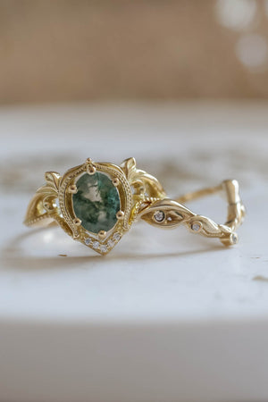 READY TO SHIP: Lida ring set in 18K yellow gold, oval moss agate 8x6 mm, moissanites, RING SIZE 7 US - Eden Garden Jewelry™