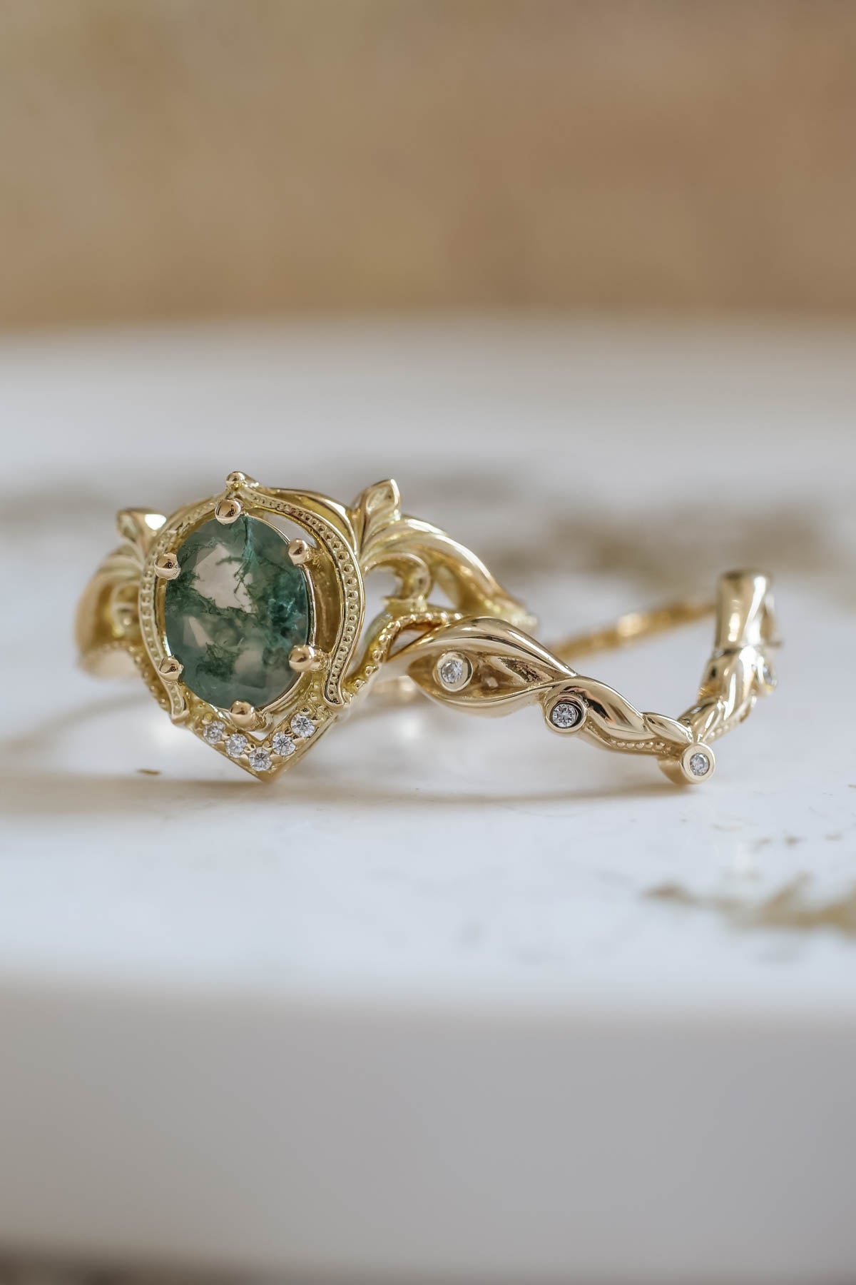 READY TO SHIP: Lida ring set in 18K yellow gold, oval moss agate 8x6 mm, moissanites, RING SIZE 7 US - Eden Garden Jewelry™