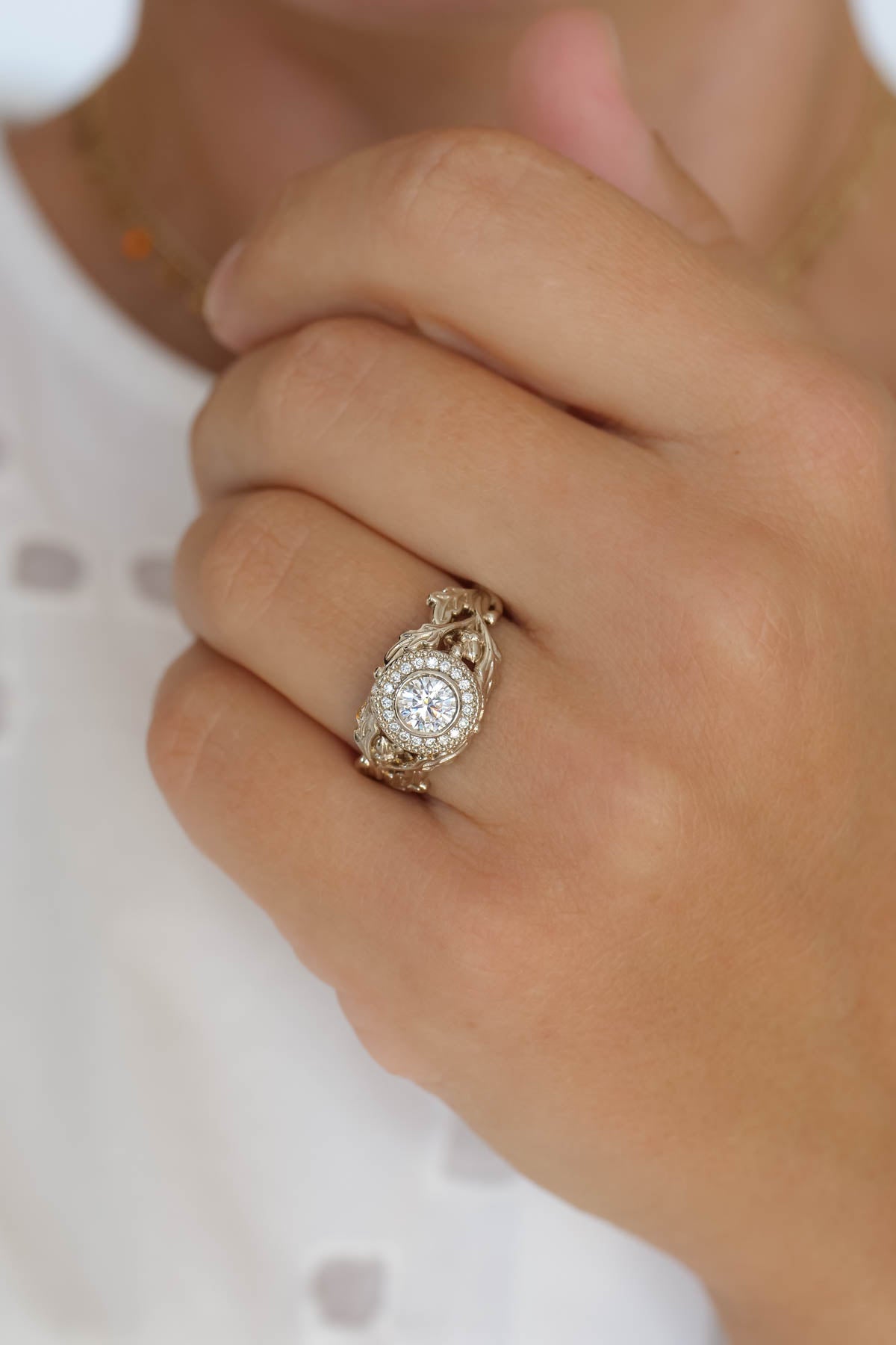 Oak and Acorn Ring with Diamonds