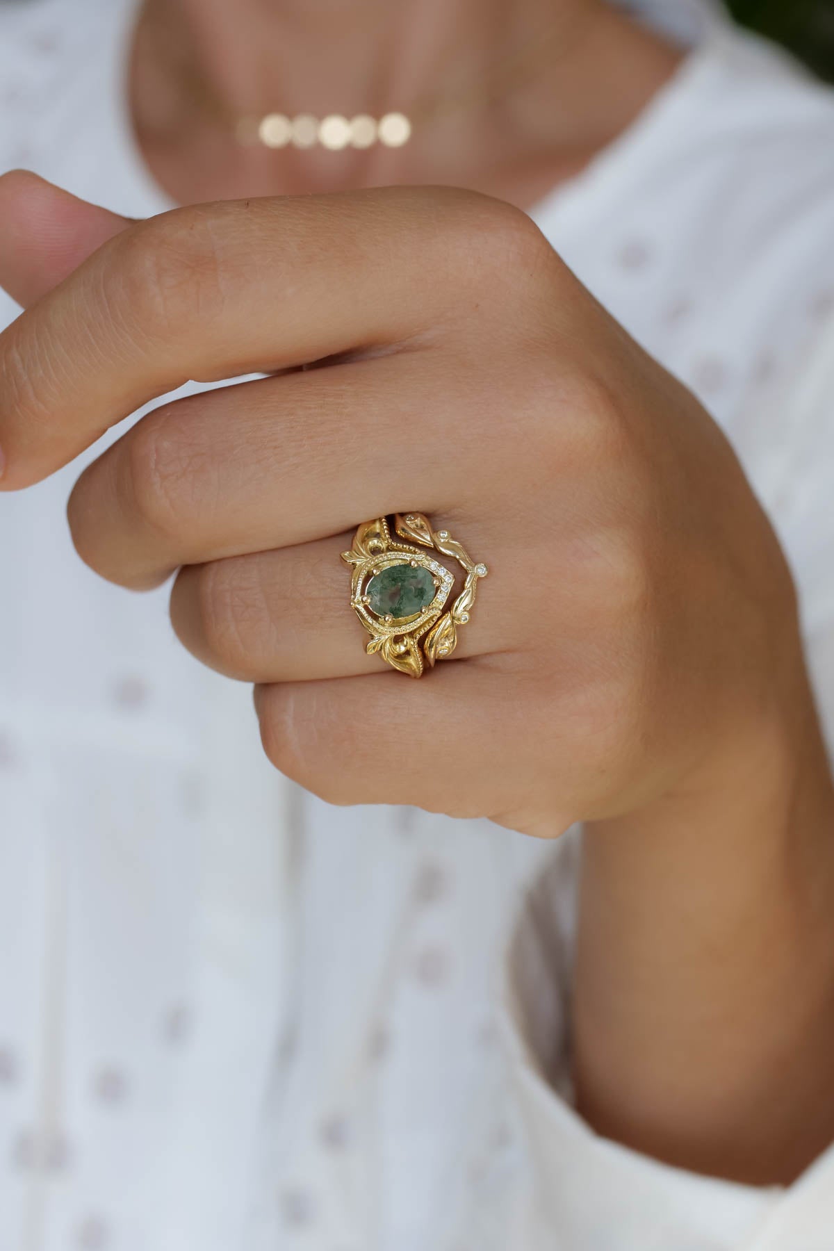 READY TO SHIP: Lida ring set in 18K yellow gold, oval moss agate 8x6 mm, moissanites, RING SIZE 7 US - Eden Garden Jewelry™