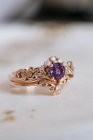 Irish engagement ring set with alexandrite, gold clover leaf rings / Horta - Eden Garden Jewelry™