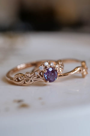 Irish engagement ring set with alexandrite, gold clover leaf rings / Horta - Eden Garden Jewelry™