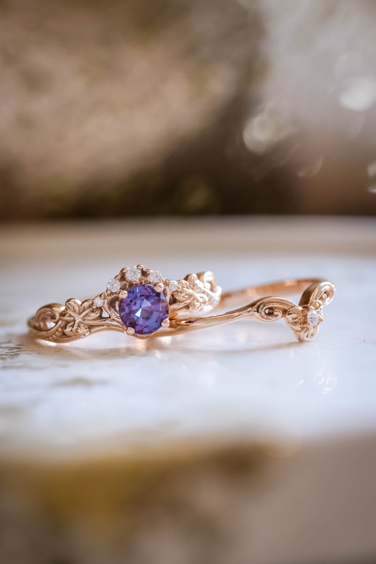 Colour changing alexandrite ring, elvish engagement ring / Horta - Eden Garden Jewelry™