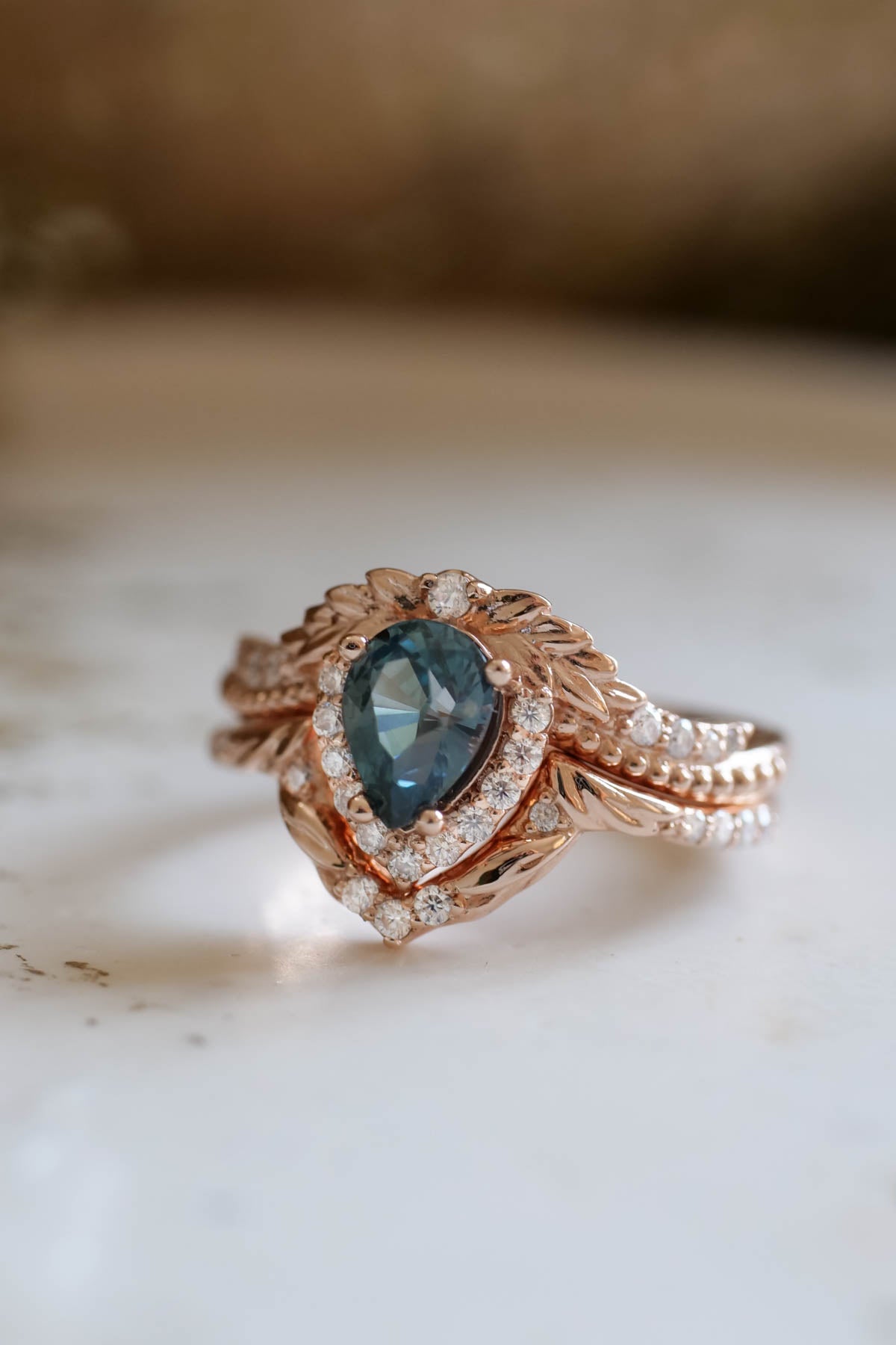 Montana blue sapphire ring set, antique style engagement rings / Lyonella - Eden Garden Jewelry™