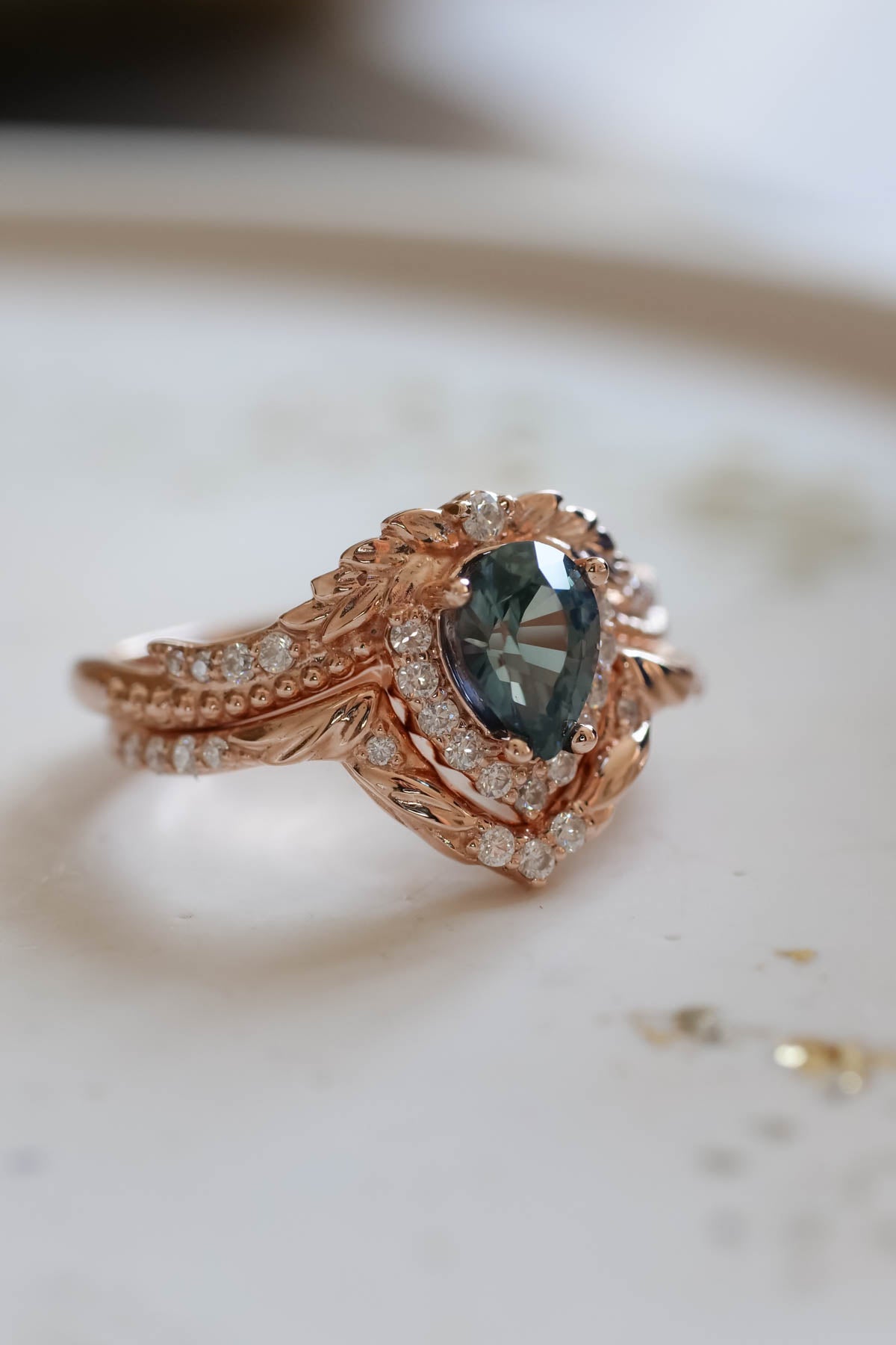 Montana blue sapphire ring set, antique style engagement rings / Lyonella - Eden Garden Jewelry™