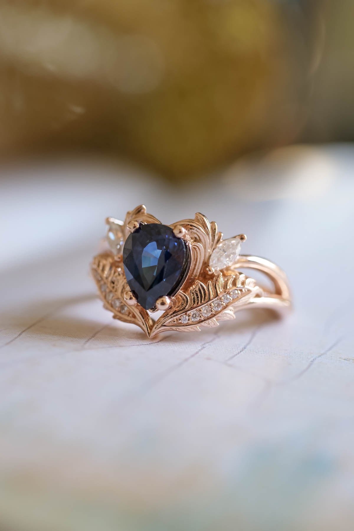 Natural blue sapphire bridal ring set, ornate engagement and wedding rings set / Adonis - Eden Garden Jewelry™