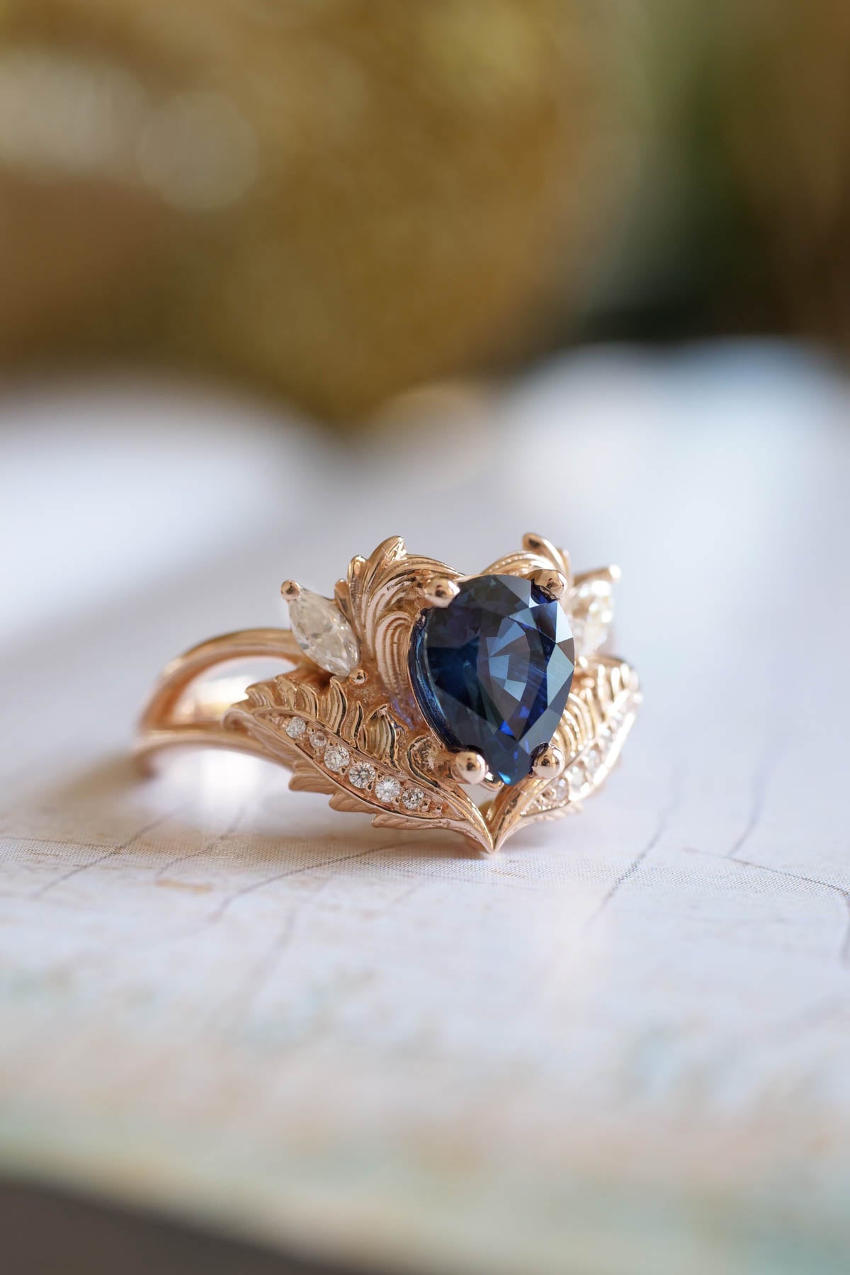 Blue sapphire engagement ring, nature inspired diamond ring / Adonis - Eden Garden Jewelry™