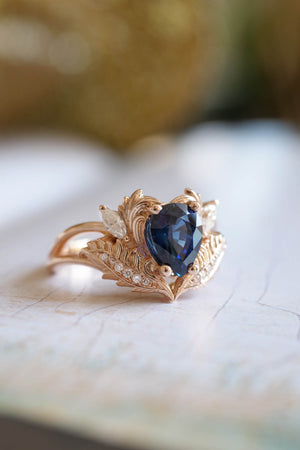 Royal blue sapphire engagement ring, gold nature inspired ring with diamonds / Adonis - Eden Garden Jewelry™