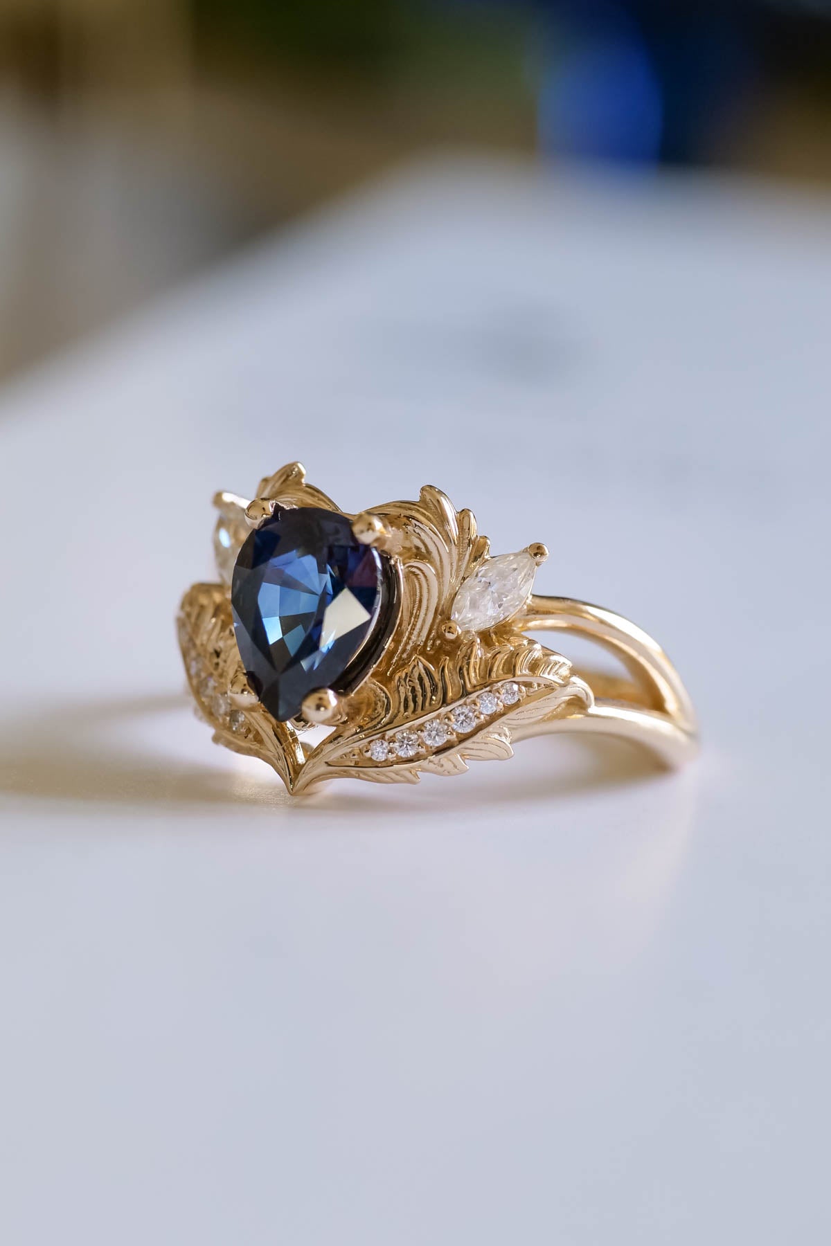 Natural blue sapphire bridal ring set, ornate engagement and wedding rings set / Adonis - Eden Garden Jewelry™