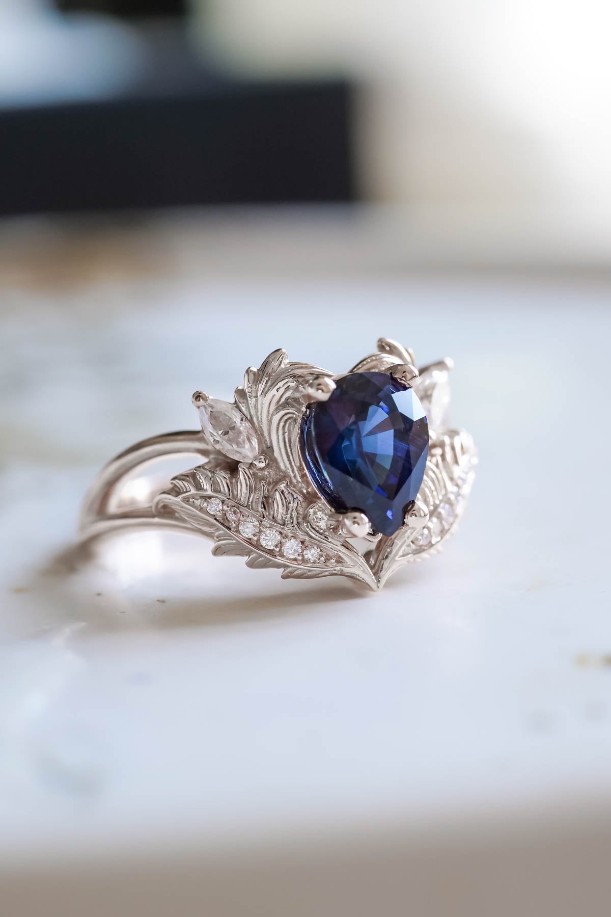 Natural blue sapphire bridal ring set, ornate engagement and wedding rings set / Adonis - Eden Garden Jewelry™