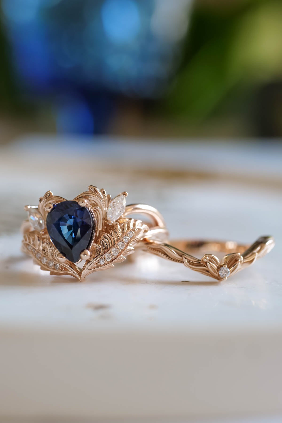 Natural blue sapphire bridal ring set, ornate engagement and wedding rings set / Adonis - Eden Garden Jewelry™