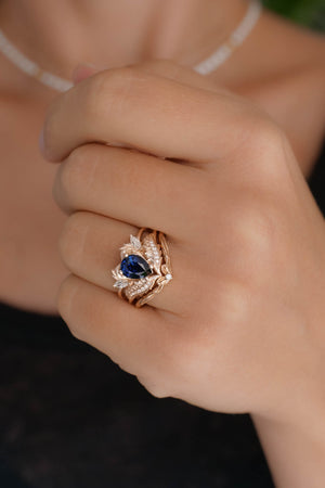 Natural blue sapphire bridal ring set, ornate engagement and wedding rings set / Adonis - Eden Garden Jewelry™