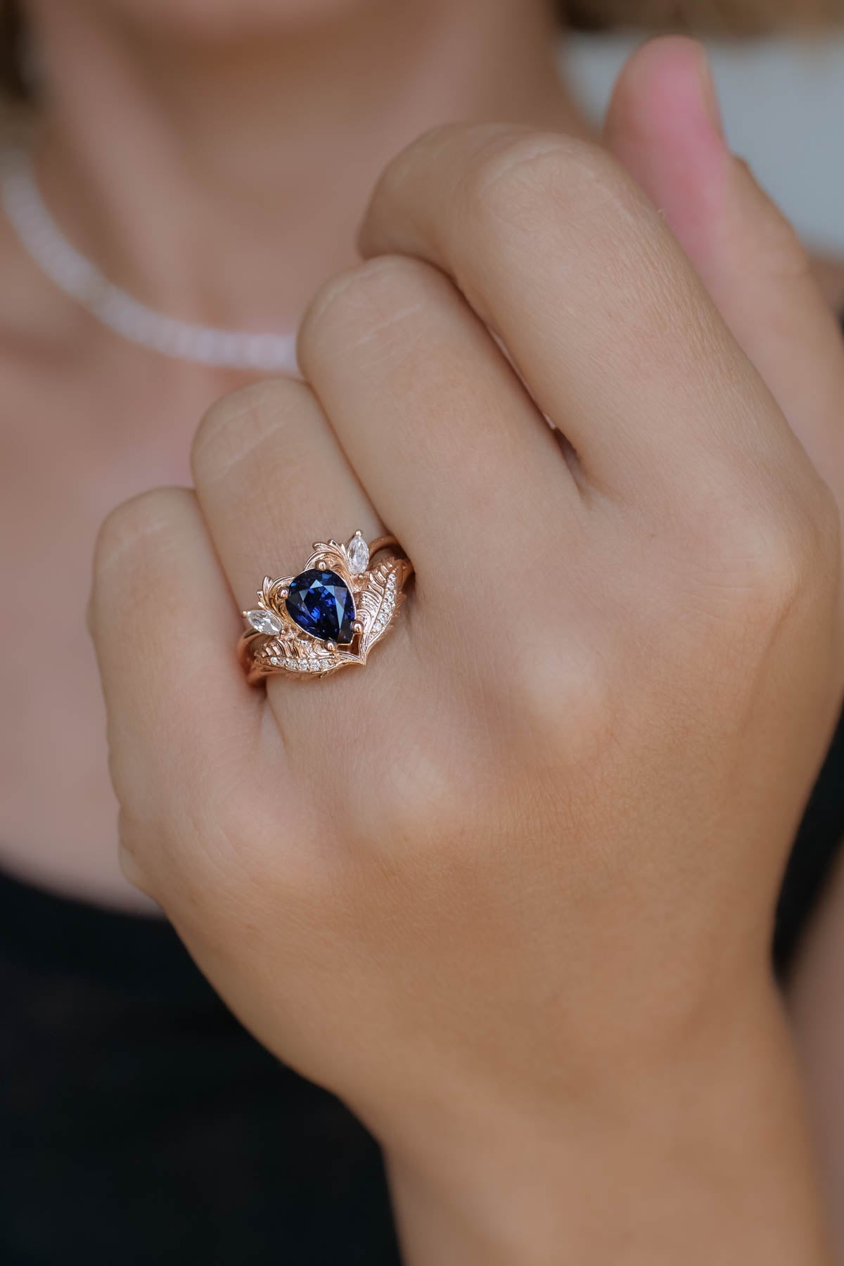 Blue sapphire engagement ring, nature inspired diamond ring / Adonis - Eden Garden Jewelry™